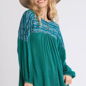 Umgee Printed Boho Top | NWT | Flowing Long Sleeve Blouse | Teal Mix Sizes S M L